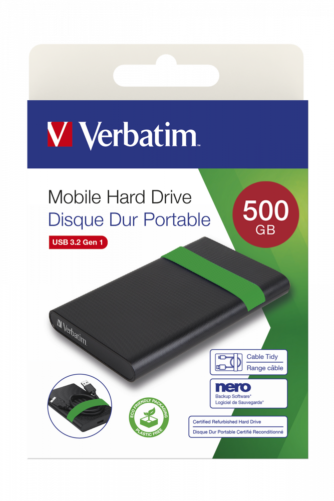 Refurbished Mobile Hard Drive USB 3.2 Gen 1 500GB | Verbatim 