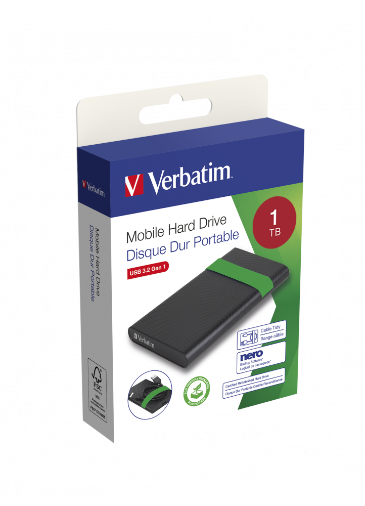 Refurbished Mobile Hard Drive USB 3.2 Gen 1 1TB | Verbatim 