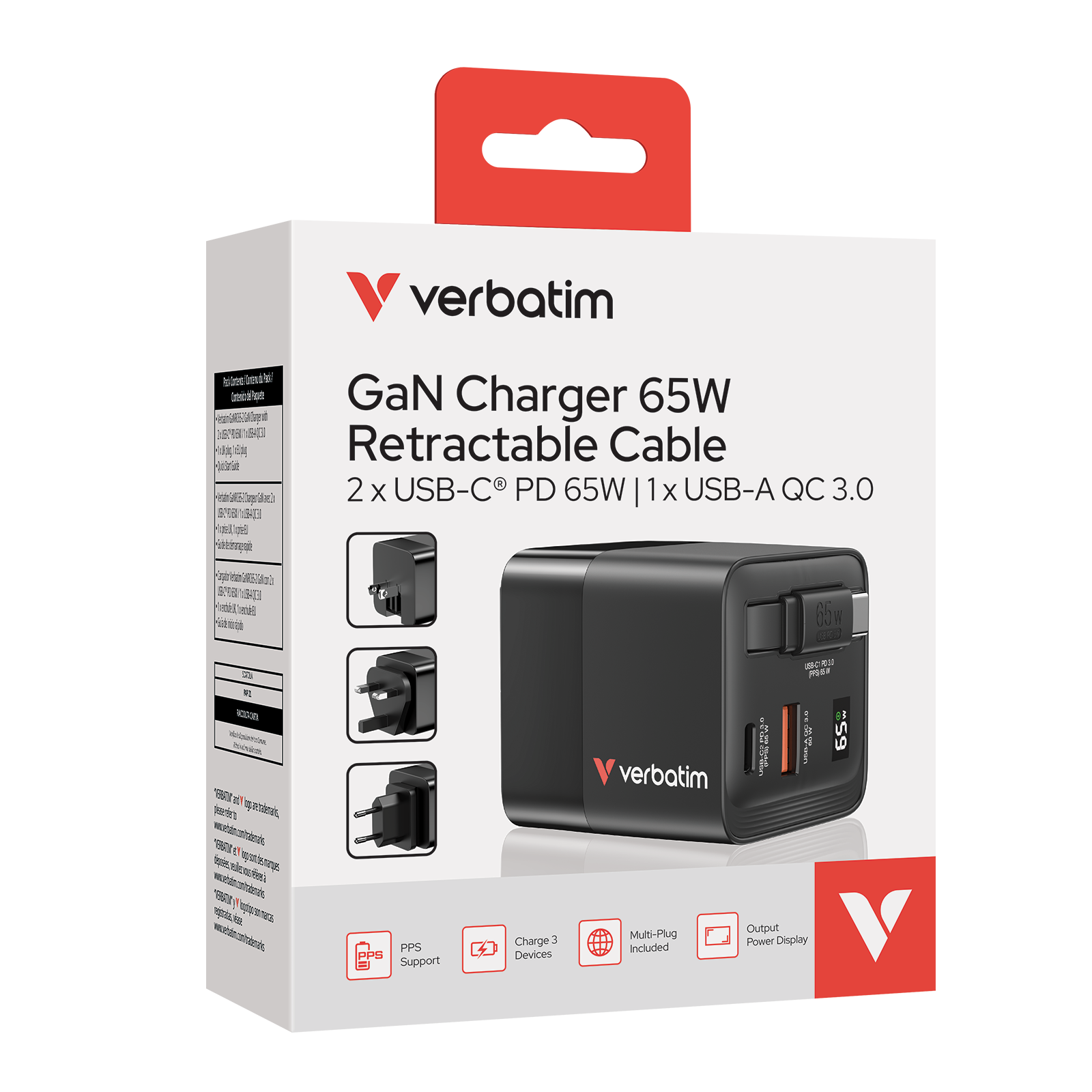 GaN Wall Charger 65W 2 Port with Retractable Cable