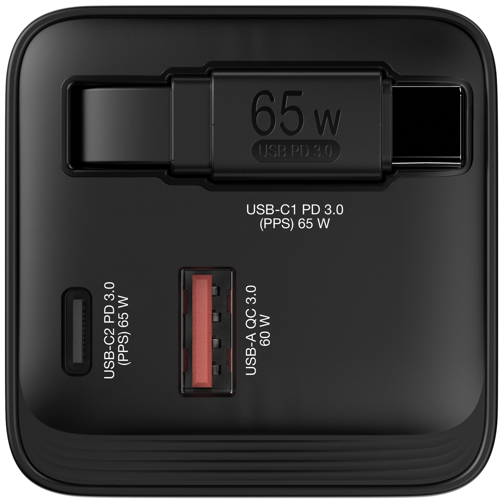 GaN Wall Charger 65W 2 Port with Retractable Cable