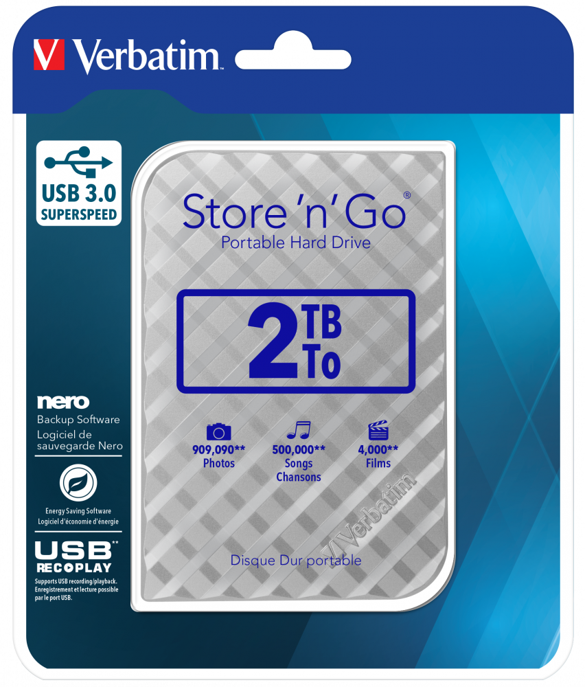 Verbatim Store 'n' Go USB 3.0 Hard Drive 2TB Silver | Verbatim